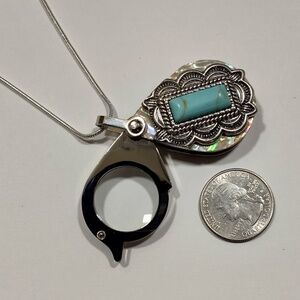 Magnifying Glass MOP and Faux Turquoise Embellished Loupe Pendant Necklace 15x